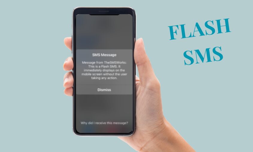 A hand holds a smartphone displaying a Flash SMS message from TheSMSWorks. The message appears instantly on-screen with a 'Dismiss' button.