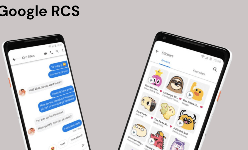 Two smartphones display Google Messages; one shows a chat with 'Kim Allen' discussing food, and the other showcases an animated sticker selection. 'Google RCS' is at the top.