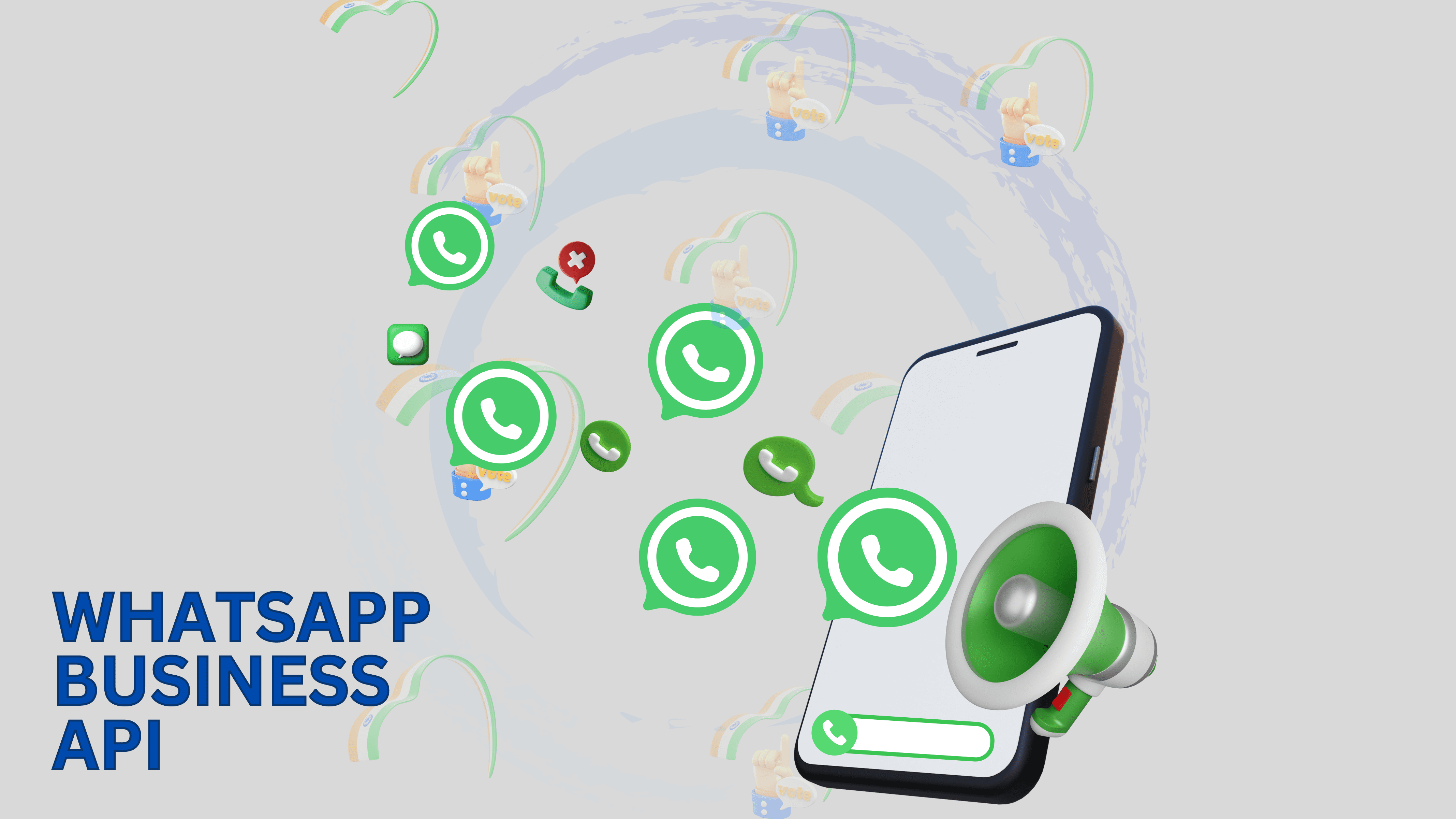 3D image promoting WhatsApp Business API, featuring a smartphone with a green megaphone icon, floating WhatsApp logos, and 'WHATSAPP BUSINESS API.