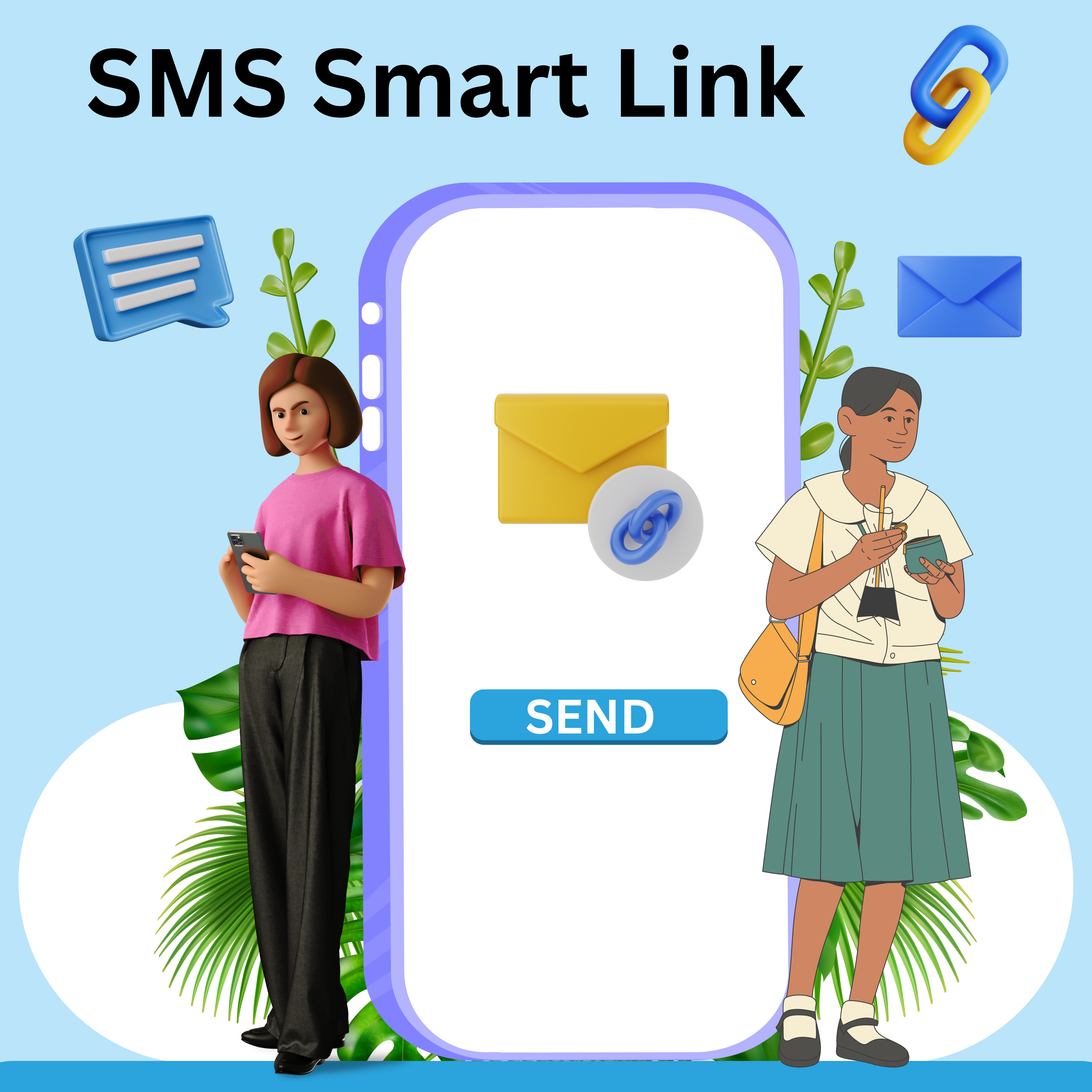 "SMS Smart Link," featuring two people beside a smartphone displaying an envelope and "SEND" button, symbolizes enhanced SMS functionality.