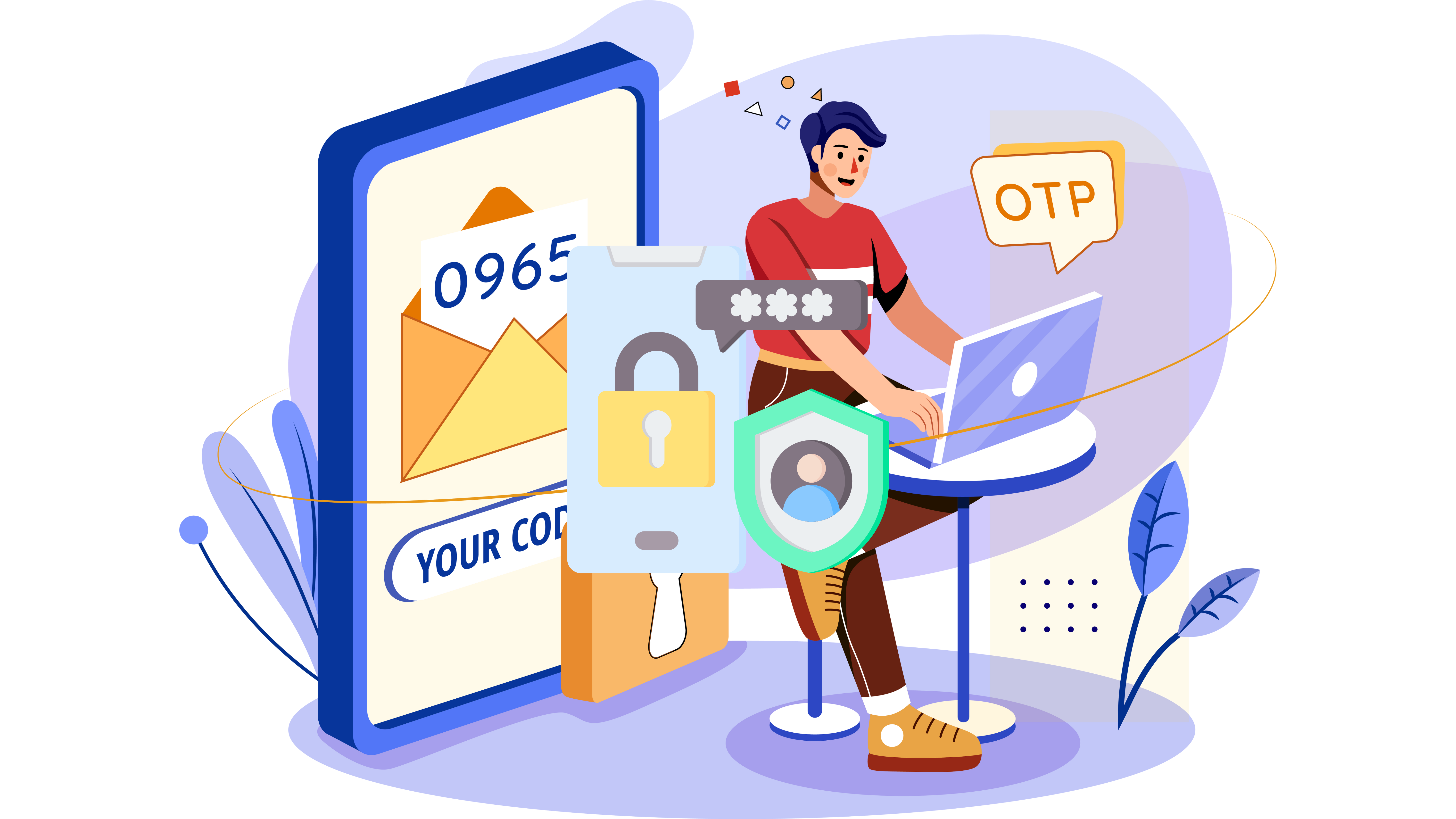 The image illustrates OTP authentication, featuring a man on a laptop, a phone displaying a code, a padlock, and a shield icon, symbolizing secure access.